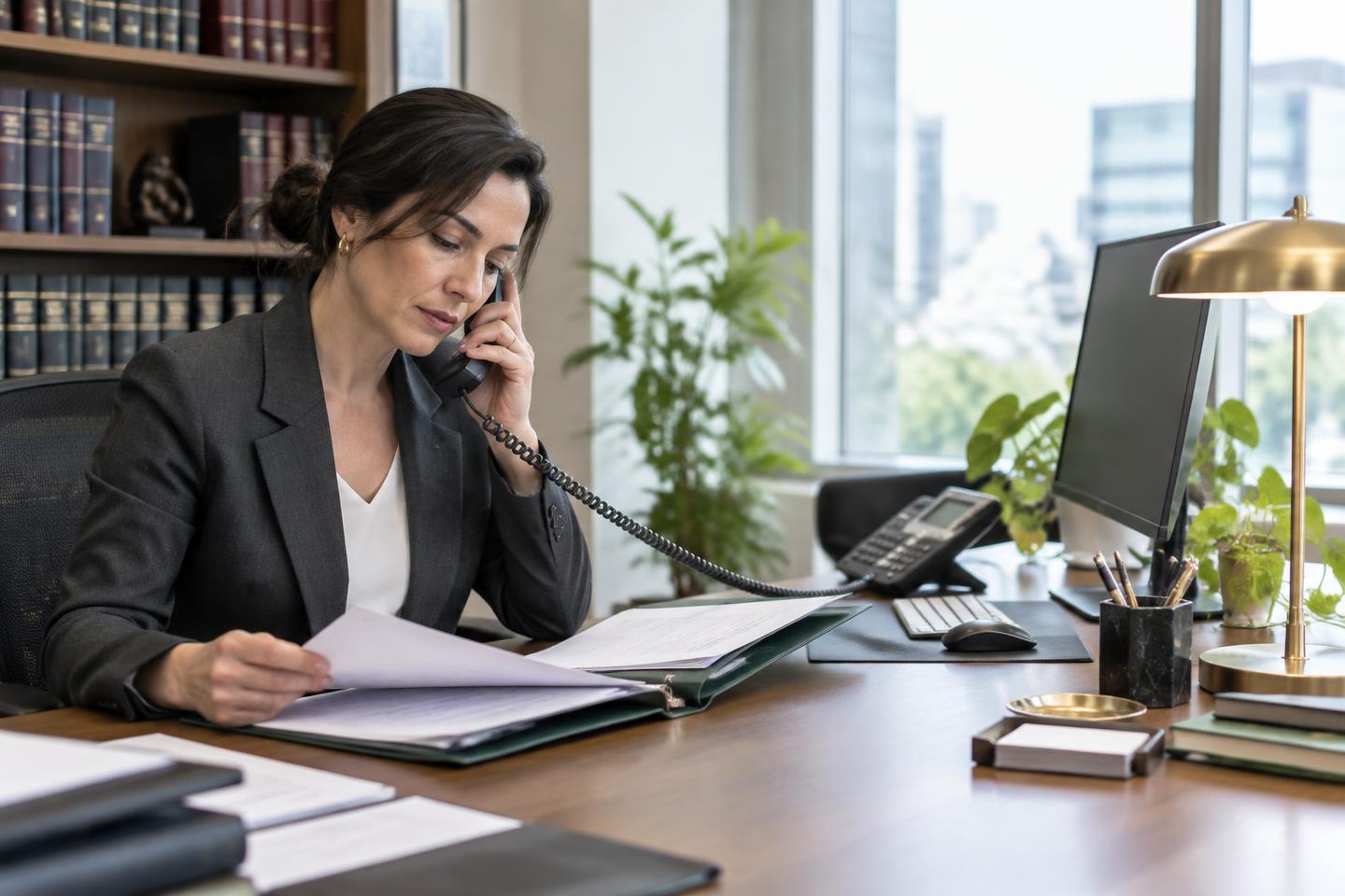 Image illustrative d’une avocate consultant un dossier dans son cabinet